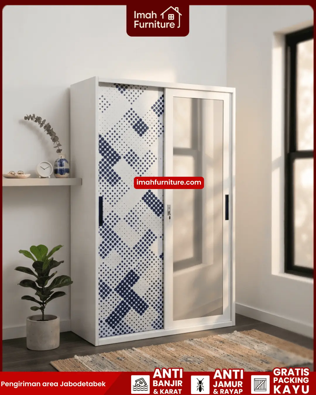 Promo lemari pakaian besi harga pabrik gratis ongkir dan bayar di tempat COD dari Imah Furniture! Untuk pemesanan, klaim promo gratis ongkir, atau konsultasi produk, Anda dapat menghubungi tim sales resmi kami! :Sales Linda: 0856-07770-785 Sales Feby: 0856-0777-1878 Sales Caca: 085-88-222-7051
