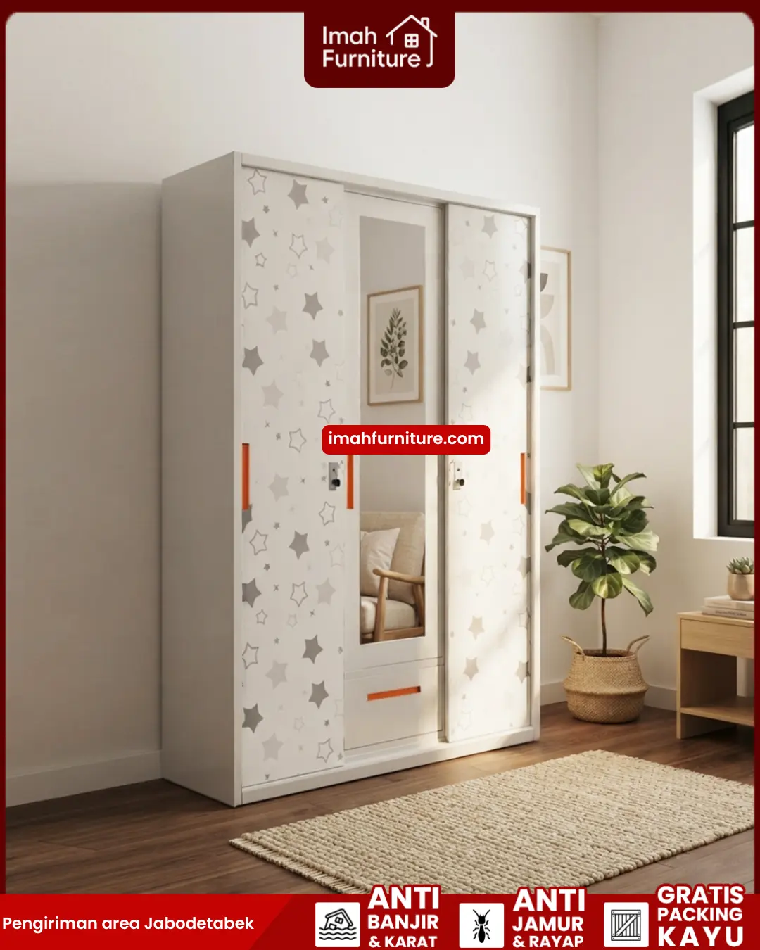 Promo lemari pakaian besi harga pabrik gratis ongkir dan bayar di tempat COD dari Imah Furniture! Untuk pemesanan, klaim promo gratis ongkir, atau konsultasi produk, Anda dapat menghubungi tim sales resmi kami! :Sales Linda: 0856-07770-785 Sales Feby: 0856-0777-1878 Sales Caca: 085-88-222-7051