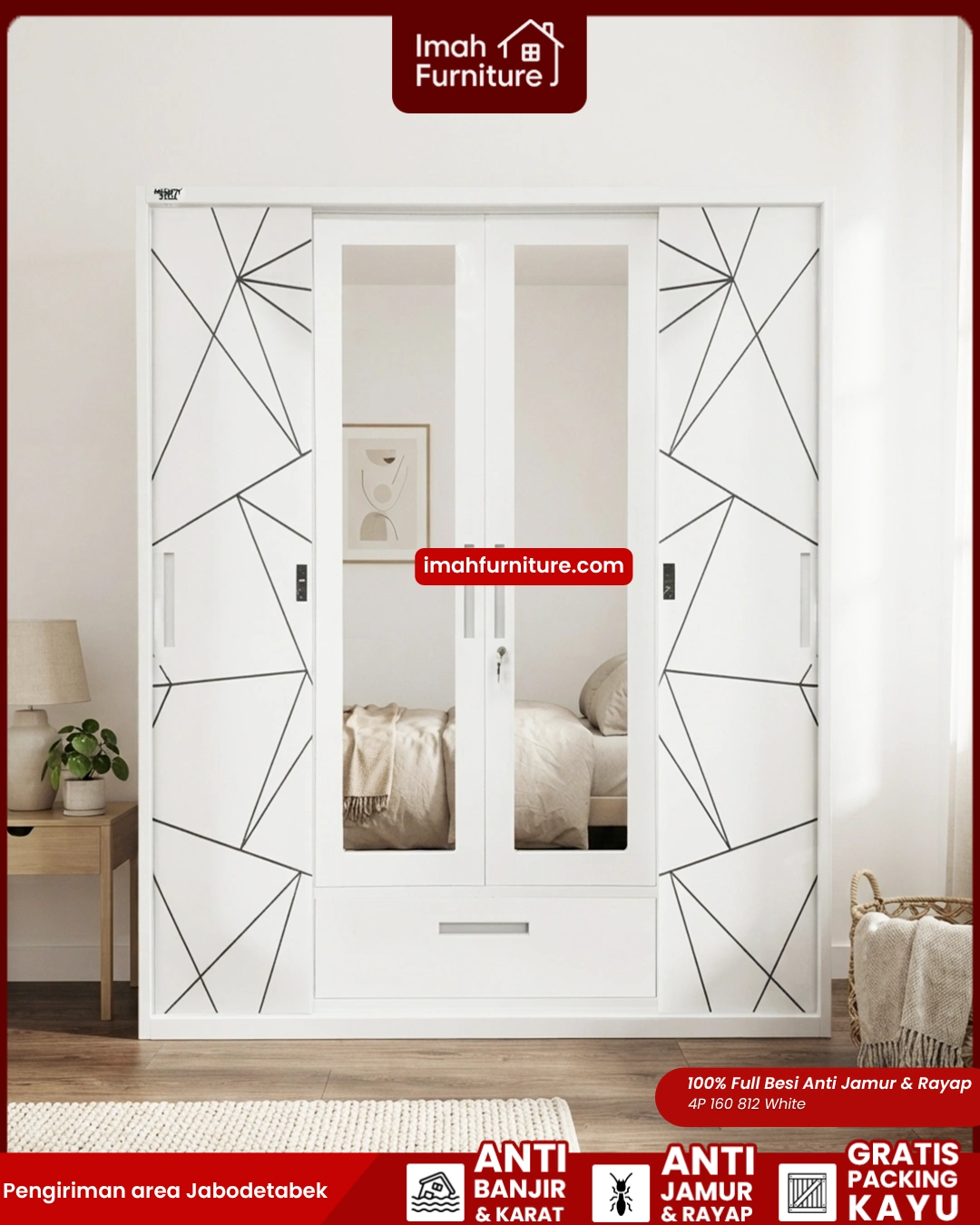 Beli lemari besi 4 pintu dari Imah Furniture, sudah pasti Gratis Ongkir tanpa minimal pembelian dan Bisa COD! Yuk belanja Via WA Sekarang!