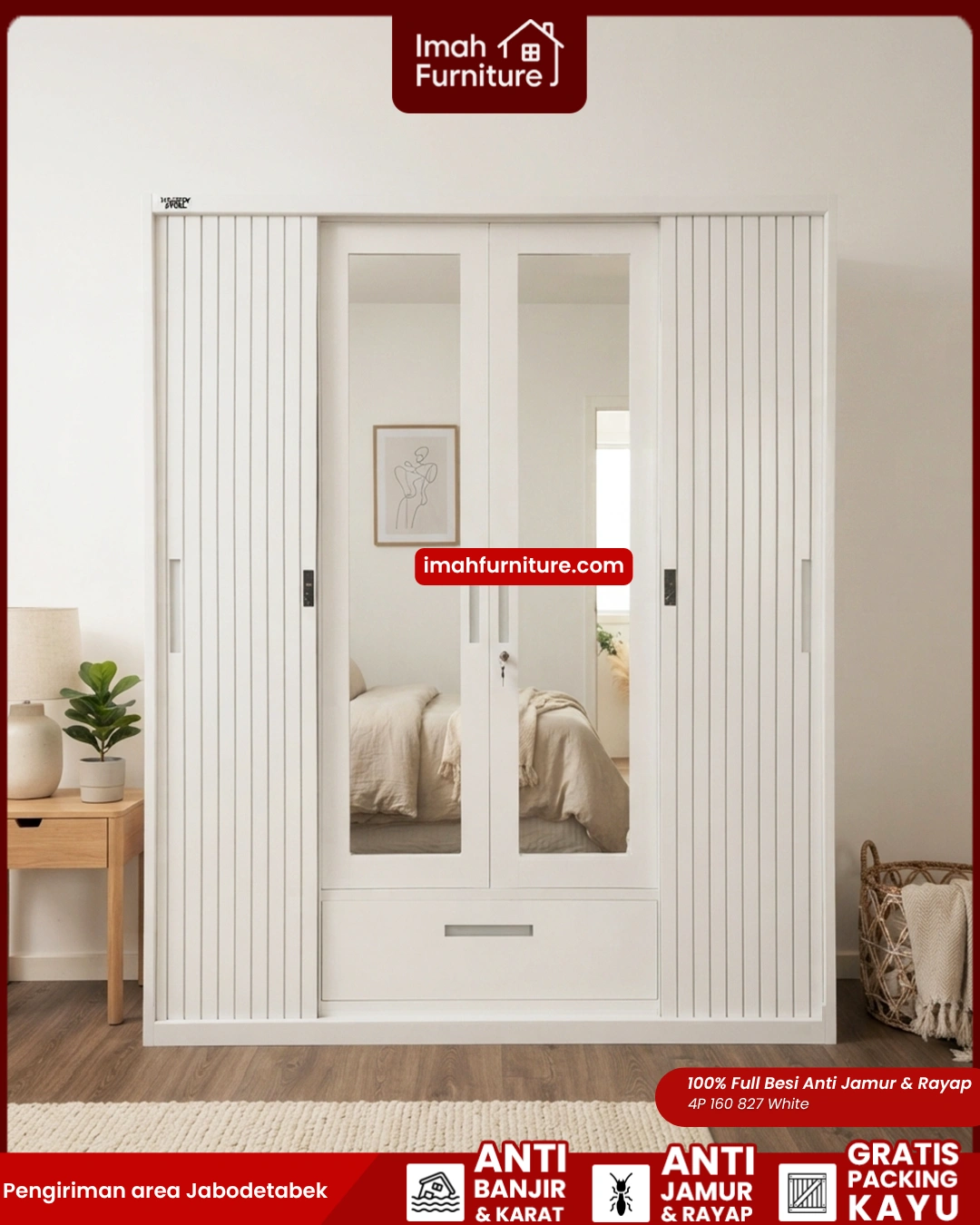 Beli lemari besi 4 pintu dari Imah Furniture, sudah pasti Gratis Ongkir tanpa minimal pembelian dan Bisa COD! Yuk belanja Via WA Sekarang!