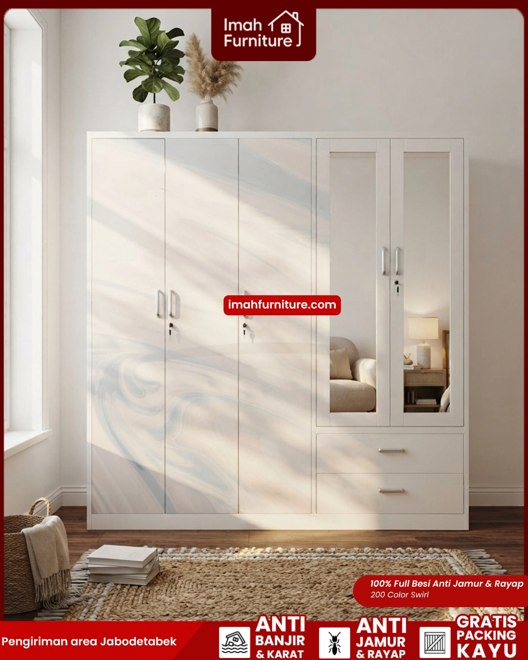 Beli lemari besi 5 pintu dari Imah Furniture, sudah pasti Gratis Ongkir tanpa minimal pembelian dan Bisa COD! Yuk belanja Via WA Sekarang!
